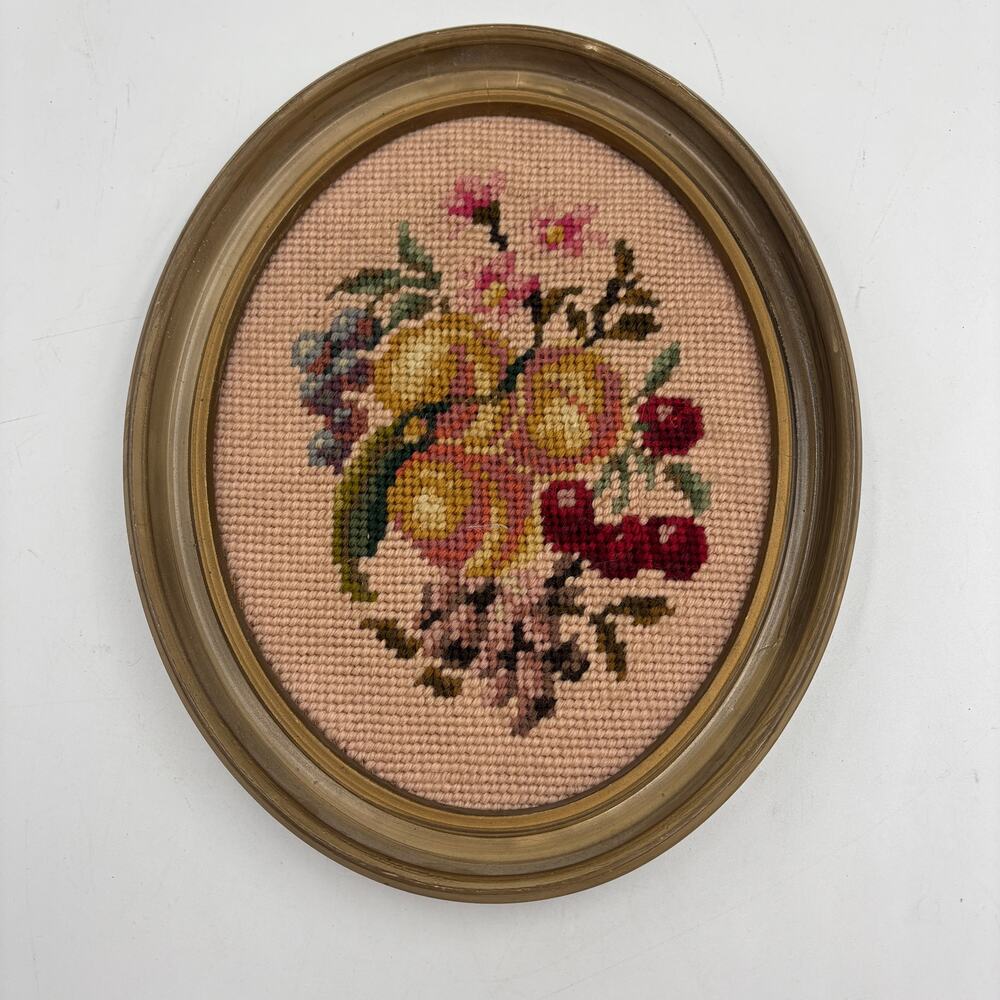 Vintage Floral Needlepoint Framed Wall Art Oval Gold Frame Cottage Decor